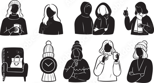 Vector illustrations of people in winter clothing and accessories