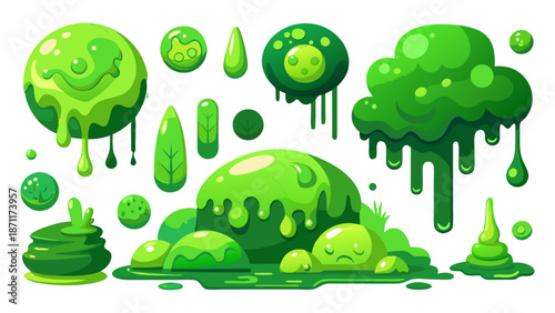 Set of cartoon green slime. toxic waste or goo puddles, liquid drops, and splatters. vector illustration collection.