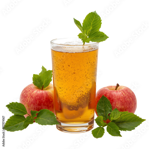 Cold Apple Juice With Ice in Tall Glass Surrounded by Fresh Red Apples