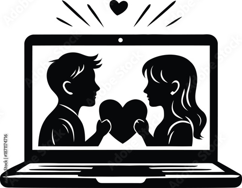 Couple holding heart on laptop screen vector illustration for online dating and virtual love concept.