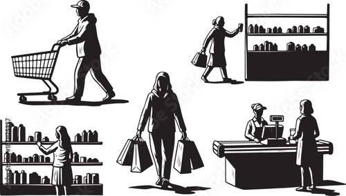 Black and white shopping illustrations set of people