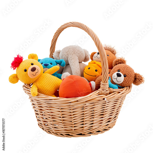 Colorful Stuffed Animals Are Arranged in a Woven Basket on a Plain Background