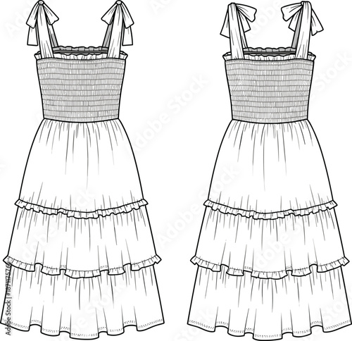 Smocked tiered maxi dress technical fashion illustration, front and back views, bow strap summer womenswear line art vector template design