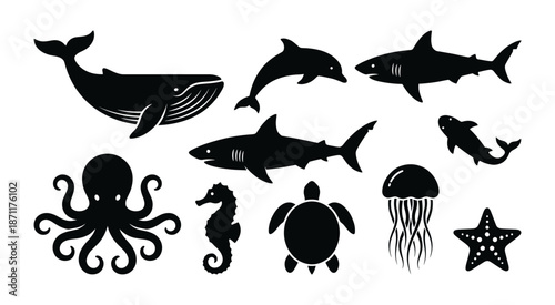 Black silhouettes of various ocean animals against a white background