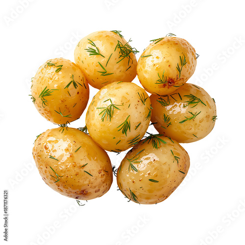 Boiled Potatoes With Fresh Dill Sit Against a White Background Showing Delici...