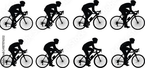 Cyclist silhouettes riding road bikes in racing posture showcasing speed, endurance, fitness, competition, teamwork, and professional cycling sports performance