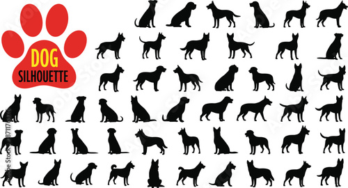 Collection of black dog silhouettes featuring various breeds and poses, ideal for design, education, pet themes, and visual comparison