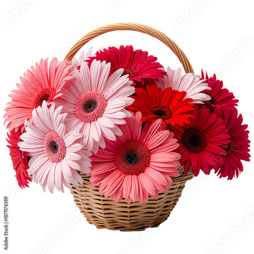 Basket Filled With Pink Gerbera Daisies Placed on a White Surface
