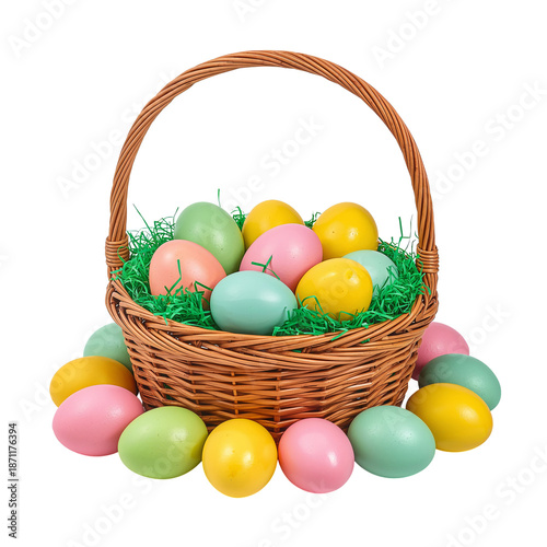 Colorful Eggs in a Basket With Some Eggs Surrounding It During a Spring Celeb...