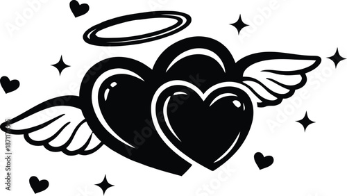 Two romantic angel hearts with wings and halo vector illustration for valentine day card design.