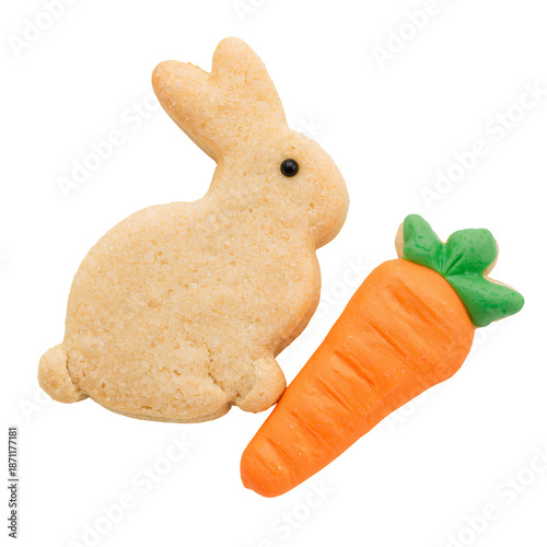 Close up of a Bunny Cookie With a Carrot Cookie on a White Background