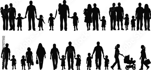 Silhouettes of diverse family groups walking, bonding, and interacting in various poses, representing love, care, and parenting relationships