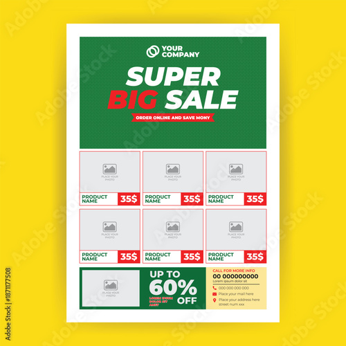 Super Big Sale Flyer Template for Grocery Store Promotion, Retail Discount Advertising Poster, Shopping Offer Print Layout