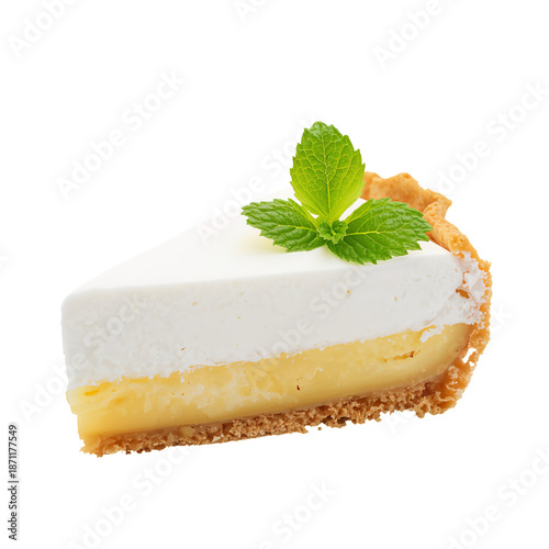 Slice of Lemon Pie With White Topping and Sprig of Mint on Isolated White Bac...