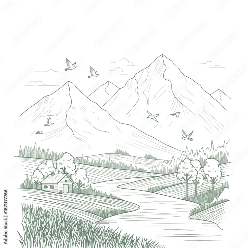 Fototapeta premium A serene landscape sketch of a house near a river with mountains in the background on Hijab International Day, featuring a peaceful and natural scenery.