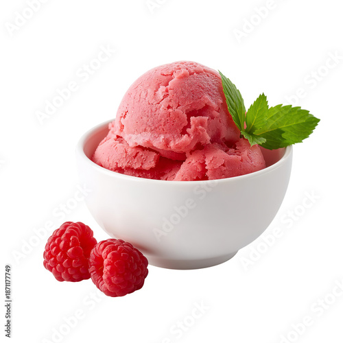 Raspberry Sorbet in a White Bowl With Fresh Raspberries and Mint on a Simple ...