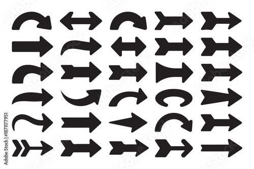 Collection of solid black arrow icons with varied designs for web and application use