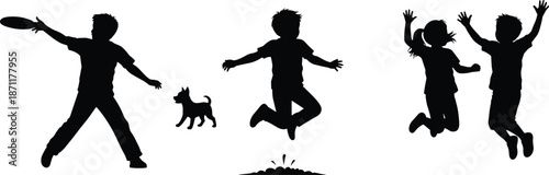 Silhouettes of playful children jumping, splashing, and throwing frisbee outdoors with dog, capturing joyful energy and childhood recreation moments