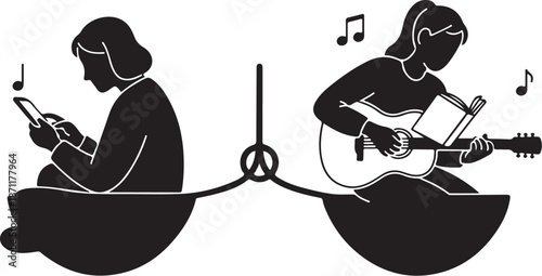 Silhouette of two musicians with guitar and phone