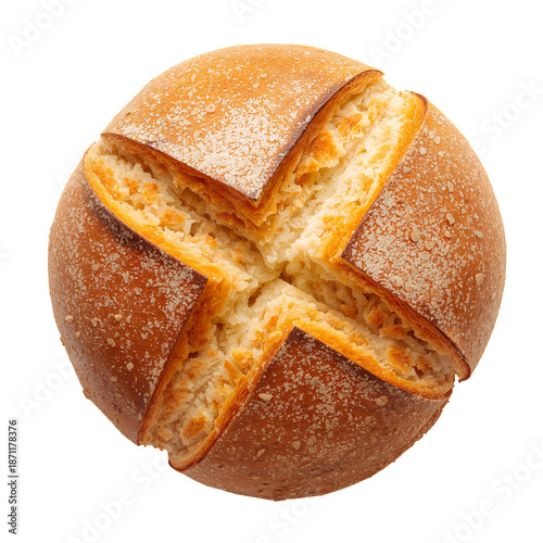 Freshly Baked Round Bread With a Crisp Crust and Soft Inside on a White Backg...