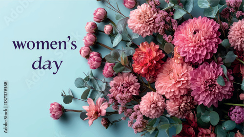 Women's Day background with tulips and flowers. Women's Day card design. Tulips background. Bouquet of flowers with tulips background.