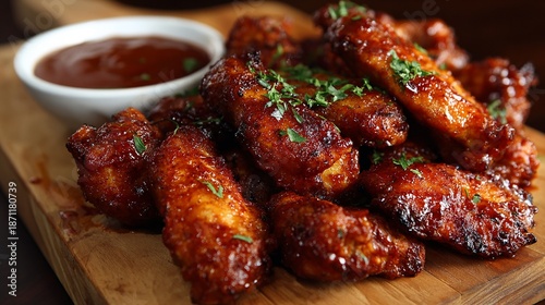 Delicious and sticky barbecue chicken wings with dipping sauce on a wooden board