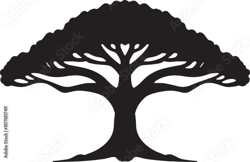 Expansive detailed silhouette of a mighty large ancient tree with thick trunk and spreading branches icon