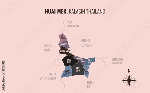 Map showing Huai Mek District Kalasin Thailand divided into sub districts with minimalist colorful patterns