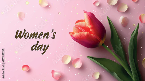 Women's Day background with tulips and flowers. Women's Day card design. Tulips background. Bouquet of flowers with tulips background.