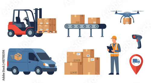 Global logistics and supply chain delivery elements set