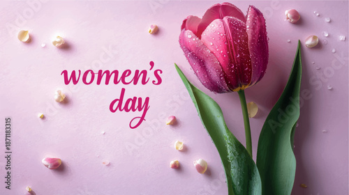 Women's Day background with tulips and flowers. Women's Day card design. Tulips background. Bouquet of flowers with tulips background.