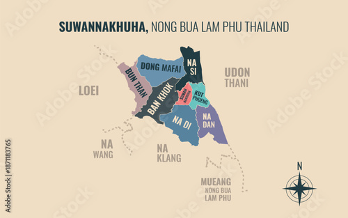 Map showing Suwannakhuha District Nong Bua Lam Phu Thailand divided into sub districts with minimalist colorful patterns