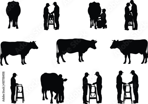 Cow and people silhouette, farming rural life illustration, agriculture concept, walker support elderly, milking cow vector design, black white art