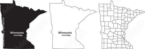Minnesota state line maps in black filled and outlined styles with county divisions with state map and vector illustration and graphic resource