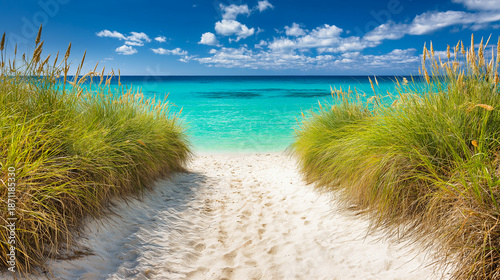 Sandy path through dune grass leading to tropical beach with turquoise sea and blue sky