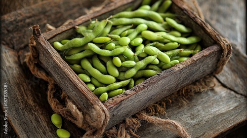 Fresh Edamame Still Life in a Wooden Crate on Textured Background