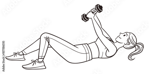 Energetic woman demonstrating a prone dumbbell chest press exercise, showcasing a dedicated fitness routine focused on building upper body strength and maintaining a healthy, active lifestyle