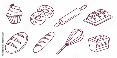 A collection of hand-drawn baking icons including cupcakes, donuts, bread, a rolling pin, and a whisk, perfect for culinary designs