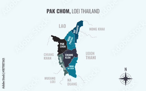 Map showing Pak Chom District Loei Thailand divided into sub districts with minimalist colorful patterns