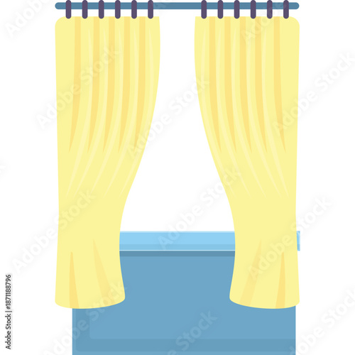 Illustration of yellow curtains covering a blue window ledge