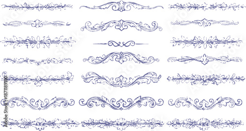 Set of  calligraphic design elements featuring victorian floral ornaments and ornate vector scrolls for decorative wedding frame borders and elegant retro page decoration dividers