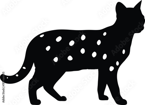 Striking spotted cat silhouette featuring many distinct white markings standing gracefully sideways