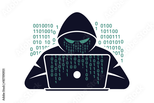 A hooded hacker sitting in front of a laptop with binary code