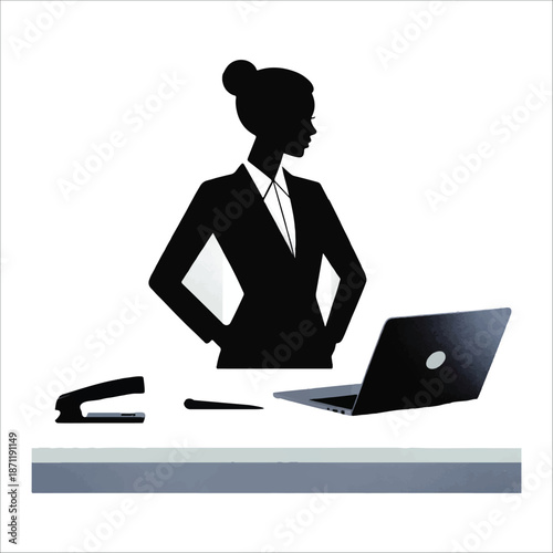 Administrative assistant silhouette vector Businesswoman working on laptop