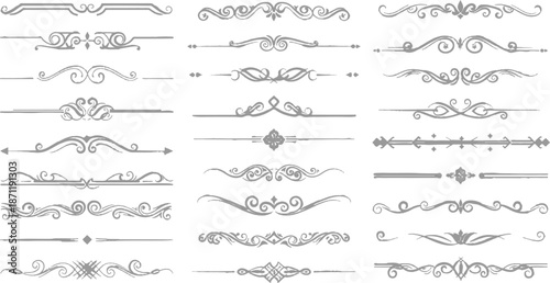 Set of vintage calligraphic design elements featuring vector borders, floral flourishes, and ornate scrolls for elegant page decoration, retro labels, and victorian menu dividers in a ribbon style