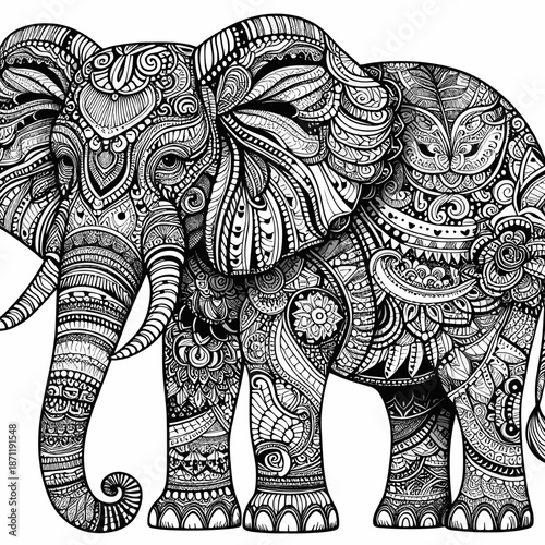 Intricate elephant design with detailed patterns in black and white for coloring and art