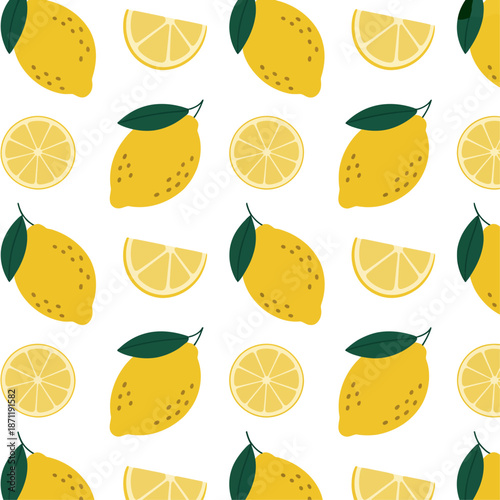 Seamless pattern of yellow lemons and slices with green leaves white background fruit citrus