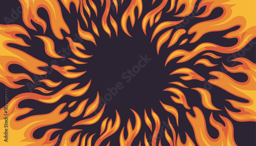Stylized orange and yellow flames erupting from a dark background fire heat