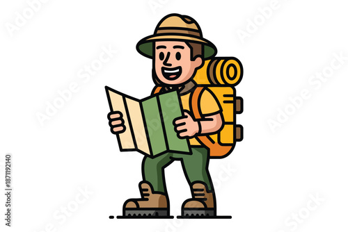 A cartoon man with a backpack and map is ready for adventure