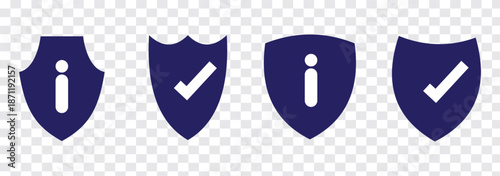 Shield check mark icon or security shield protection icon with tick symbol and info icon
